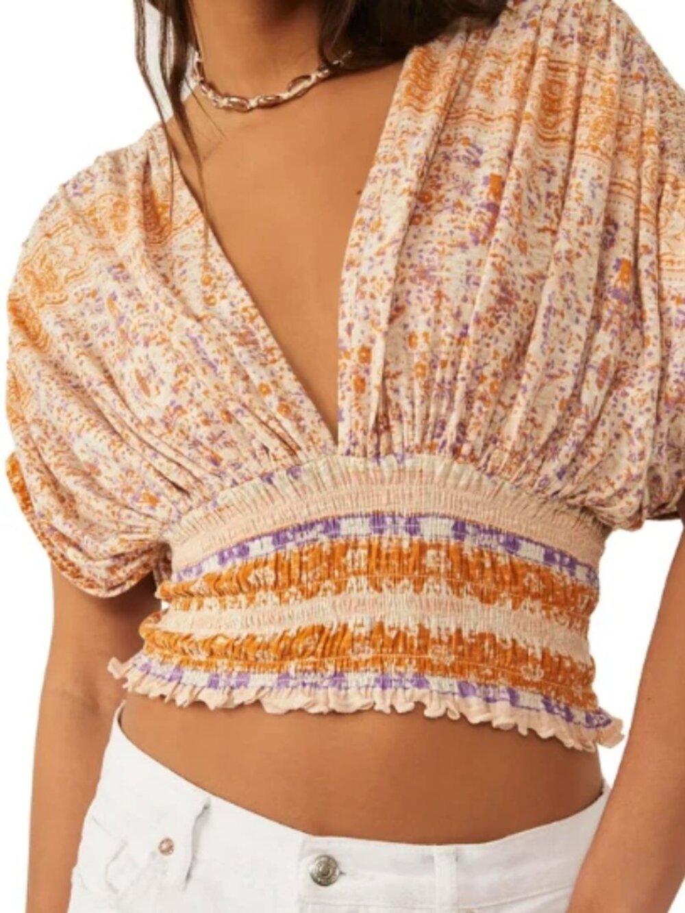 Free People Smocked Elastic V-Neck Blouse Next Vacation XL FP